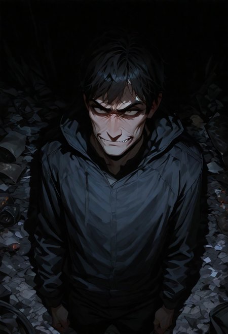 high res, absurdres, masterpiece, best quality, 1man, homeless, dark theme, majestic, angry inside, from above, trash, chaos, not smile, creepy, pressure, smirk , half face, blending, chaotic, gross, diffusion, delusional,