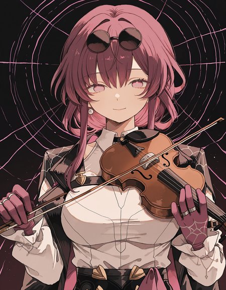 masterpiece,  best quality, newest, highres, absurdres, <lora:wasabi_natsume_style_r1:1>,wasabi_natsume_illu,abstract,surreal,kafka \(honkai: star rail\), 1girl, solo, instrument, eyewear on head, gloves, sunglasses, pink eyes, shirt, pink hair, white shirt, long hair, holding, looking at viewer, violin, holding instrument, smile, bangs, long sleeves, breasts, music