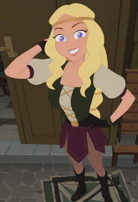 ((room background)),score_9, score_8_up, score_7_up,score_6_up, (detailed face and eyes:1) 
1girl, solo, Veronica_MML, light skin, violet eyes, freckles, long hair, blonde hair, voluminous wavy hair, dark green bodice with gold lacing, under white short-sleeved tunic, black gloves, purple gladiator skirt, brown leggings, black knee-high boots, black waistband, gold headband, cute, tall, social smile, perfect eyes, perfect smile, looking at the viewer, detailed eyes, perfect eyes, standing, big breasts (front pose, front view, full body shot, high angle view:1) five fingers, perfect hands, (one hand on hip, one hand behind head)