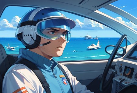 cromartie,Score_9, score_8_up, score_7_up, score_6_up, 1boy, bpbshin, flight suit, standing next to aircraft, portrait, solo, hair over one eye helmet,  cockpit,  visor down