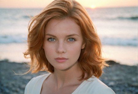 ((CinematicPortrait analog photo)) ginger  woman outdoors, blue eyes, (seaside sunset), ((soft focus, depth of field, film grain, looking at viewer)) <lora:CinematicPortraitXL_v3:0.65>