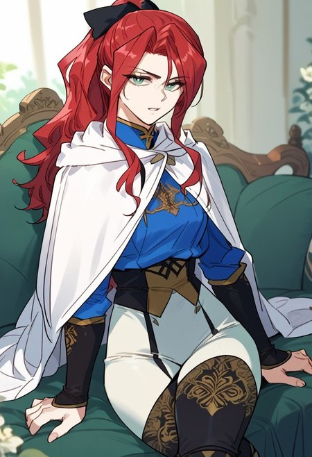 zPDXL3, score_9_up, score_8_up, score_7_up, (Anime_source), 1girl, AstinaLette, green eyes, red hair, long hair, Military uniform, ponytail, cape, pants, cowboy shot, looking at viewer, parted lips, sitting on couch, crossed leg