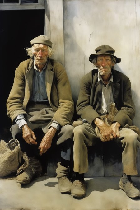 <lora:Andrew Wyeth Style:1>Andrew Wyeth Style - hobos in prada photographed