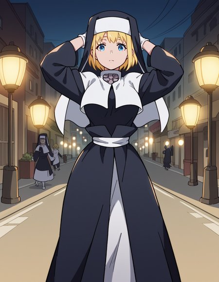 score_9, score_8_up, score_7_up, source_anime, <lora:fireforce-iris-s1s2-ponyxl-lora-nochekaiser:1>, iris, short hair, blonde hair, blue eyes, medium breasts,, gloves, long sleeves, white gloves, robe, nun, habit, city street, evening, streetlights, walking dog, quiet neighborhood, gentle breeze, , hands behind head,, looking at viewer, solo,, dutch angle, cowboy shot