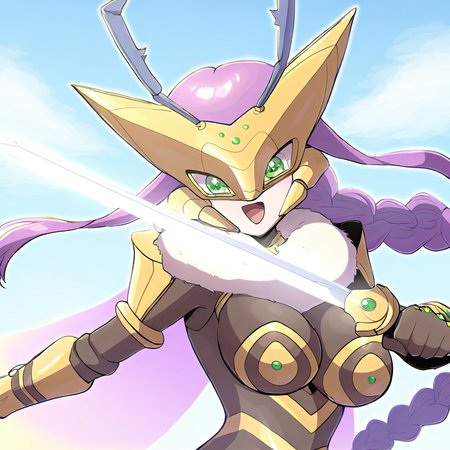 highres, best quality, masterpiece, very aesthetic,1girl,solo,queenbeemon,purple hair,braided ponytail,hair ornament,green eyes,antenna,sakura_kasuga, <lora:QueenBeemonIllustrious:1>, portrait,outdoors,upper body,holding sword,energy cape
