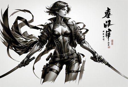 score_9, score_8_up, score_7_up, score_9, <lora:cllgrphy_pdxl_EliPot:1>,
monochrome, 1girl, holding gun, holding weapon, holding sword, medium breasts, chinese text, looking to the side, handgun, thigh holster, short hair, thigh gap, open jacket, belt, white background, cyborg, dual wielding, cowboy shot, mechanical arms, simple background, cleavage cutout, bodysuit, katana, floating hair, cropped legs, cyberpunk, nose, signature, closed mouth, lips, thigh strap, open clothes, standing, reverse grip, single mechanical arm, sheath
