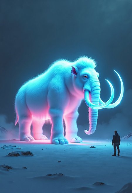 A vast, snowy landscape under a dark sky. Dominating the scene is a massive, ethereal mammoth-creature with a luminescent, neon-blue body and a long, slender, glowing horn. The creature's fur appears soft and fluffy, with hues of pink and blue. On the right side of the image, a lone human figure stands, seemingly observing the creature, dwarfed by its sheer size. The entire scene exudes a sense of mystery and awe.