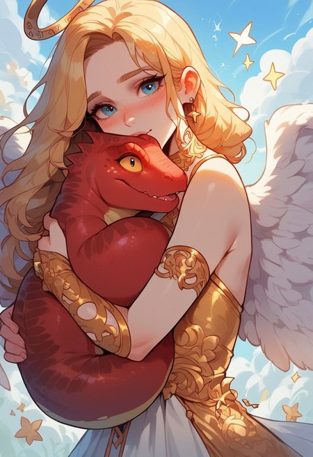 score_9, score_8_up, score_7_up, score_6_up,   p3tl0v3, 1girl, solo, angel, angel wing, pale skin, ornate clothing, golden clothing, hugging a tiny red lizard, cute