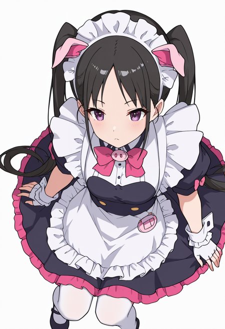 Smooth Quality,masterpiece,very intricate, high quality details, ultra realistic, high detailed skin,detailed enviorement,absurdres,
 <lora:Hiiragi_Yume_Yumechi_CNR:1> hiiragi_cnr, black hair, long hair, twintails, purple eyes,fake animal ears, pig ears, hiiragi_maid_cnr,maid, maid headdress, maid apron, frilled apron, black dress, puffy short sleeves,white thighhighs, black footwear,fingerless gloves,white wrist cuffs,pink bowtie, frills,, simple background, white background, from above,solo,
seated with knees drawn up, arms encircling legs, forehead resting on knees  ,, x3,