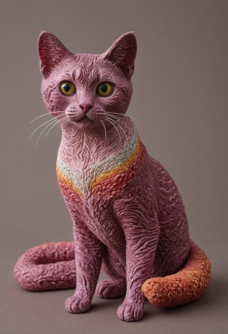 ((a cute chibby cat with big eyes made out of clay)), very detailed, 4k, sharp, eating rainbow wagyu meat made out of fractangles, novuschroma51 style, ((many meat bananas all over the place))