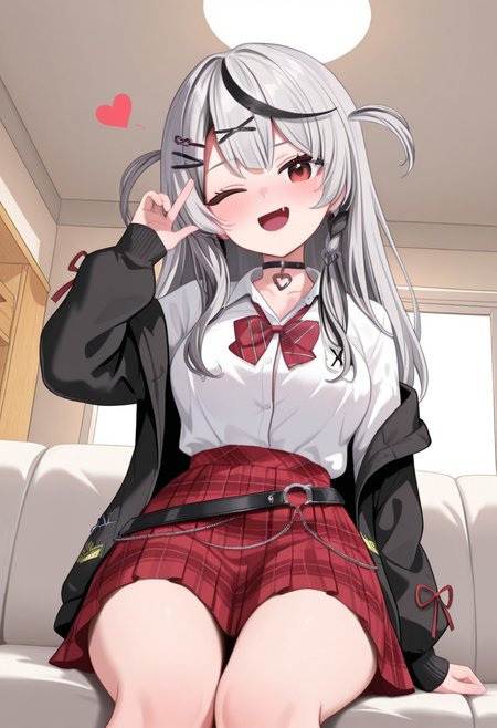 masterpiece, best quality, amazing quality, very aesthetic, high resolution, ultra-detailed, absurdres, newest, scenery, (cartoon), parody, sc1, sakamata chloe, virtual youtuber, solo, 1girl, grey hair, black hair, multicolored hair, streaked hair, long hair, bangs, red eyes, fang, hair ornament, x hair ornament, hairclip, shirt, white shirt, plaid skirt, skirt, plaid, red skirt, bowtie, collared shirt, black choker, long sleeves, belt, jacket, open jacket, bedroom, looking at viewer, sitting on couch, view from below, hand sign, wink, floating heart, cute, open mouth
