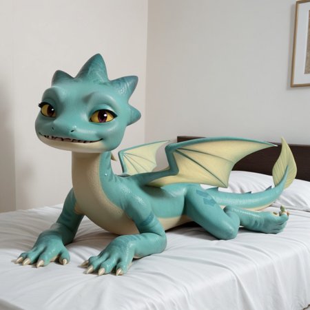 score_9, score_8_up, score_7_up, score_6_up, score_5_up, score_4_up, masterpiece, high quality, realistic, detailed, best quality, white bed, solo, rating_safe, source_furry, bedroom, smiling, seductive, looking at viewer, on bed, full body, summer_rr, dragon, teal scales, wings, tail, webbed feet, female, 1girl, yellow sclera, black pupils, aquatic dragon, webbed claws