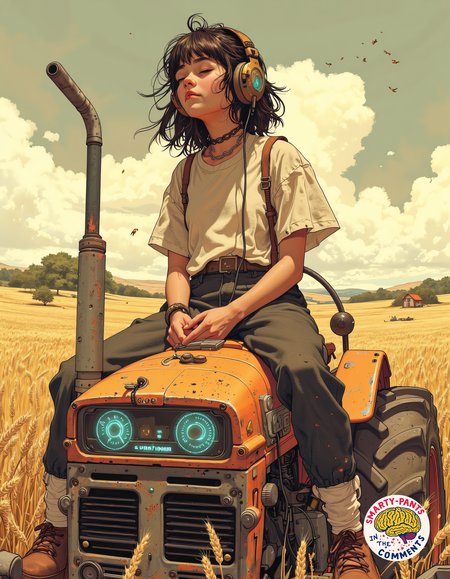 Anime style - A young girl sits on the bonnet of a retro-futuristic tractor, its design a mix of old-world sturdiness and sleek, neon-accented panels that hum faintly in the afternoon heat. The machine’s thick, dust-coated tires rest deep in the golden wheat fields, the scent of sun-warmed grain heavy in the air. She leans back, eyes closed, letting the warm breeze play through her hair as she listens to music on a chunky, cassette-style player with glowing magnetic reels that spin behind a transparent panel. Thick, braided cables snake from the device to her oversized headphones, the metallic casing scuffed from years of use. The distant hum of cicadas and the occasional creak of the tractor’s cooling vents blend into the lo-fi synth beats spilling from her player, creating a slow, dreamy afternoon where past and future blur together in the endless stretch of golden fields.