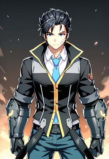 <lora:jinsepatus_IXL:0.7> 1boy,jinsepatsu,black hair,scar,bandaid on face, front view,white shirt,blue necktie, jinclassicoutfit,black jacket,blue pants,belt,
,gauntlets,
,best quality,masterpiece