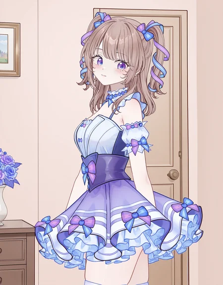 masterpiece, perfect quality, best quality, absolutely eye-catching, absurdres, highres, newest,  1girl, <lora:amiaryllisblooIllustriousXL:0.7>, amiaryllisbloo, cowboy shot, indoors, from side,