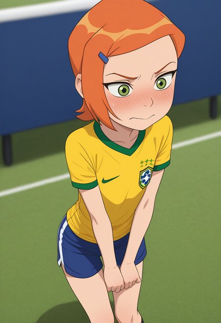 masterpiece,best quality,amazing quality,very aesthetic,high resolution,ultra-detailed,absurdres,newest, Gwendolyn_Tennyson, Green eyes, Orange hair, blush, embarrassed,BrazilFootballShirt, soccer uniform, soccer, yellow shirt, shirt, short sleeves, blue shorts, shorts 