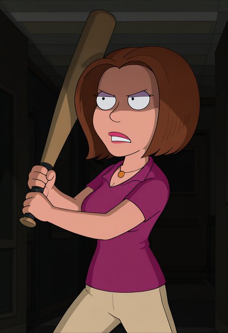 masterpiece, best quality, amazing quality, gr3tch3nm, 1girl, brown hair, necklace, purple polo shirt, beige pants, holding baseball bat, fighting stance, looking at viewer, angry, upper body, basement, (dark, shadow, dramatic lighting:1.1),