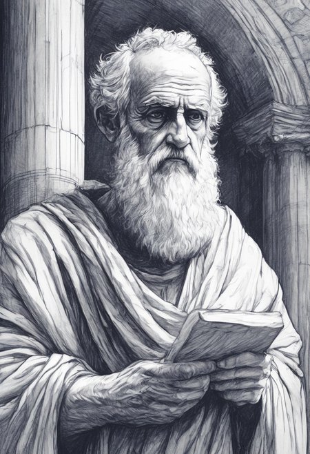 novuschroma42 style ballpoint pen drawing,
An old philosopher in a toga stands in an open-air forum, holding a scroll. Marble columns, sunlight, ancient architecture, beard, thoughtful expression, extreme close-up, portrait.
