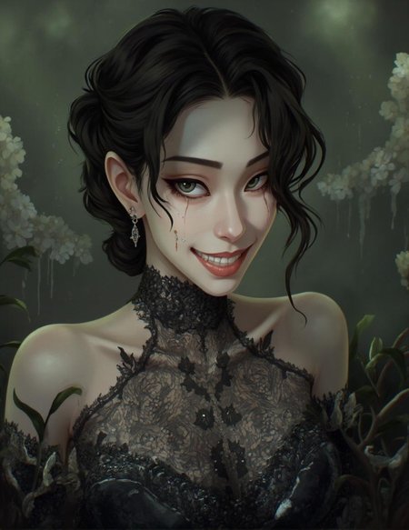 <lora:ck-LttleGhost-000011.safetensors:1> in the style of ck-lttlegh0stAn Asian woman with an unnerving, fixed grin and an otherworldly gaze wears a black lace wedding gown that appears to be alive, its patterns dancing across her pale shoulders. Her porcelain-like skin glows in soft, ethereal light, but her unsettling smile hints at dark secrets beneath the surface.