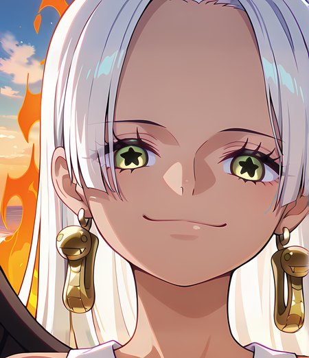 masterpiece, best quality, amazing quality, detailed high detail, very aesthetic, absurdres, newest, scenery, volumetric lighting, ultra detailed, anime

1girl, S-Snake, Solo, white hair, long hair, yellow eyes, star-shaped pupils, snake earrings, ((fire behind head)), black wings, tan skin, 

white dress, 

beach background, sand, ocean, clouds, detailed background, beautiful frame,

<lora:S-Snake_-_One_Piece_-_Illustrious:1>

masterpiece, best quality, amazing quality, detailed, high detail, very aesthetic, absurdres, newest, scenery, volumetric lighting, ultra detailed, close up, 

looking at viewer, looking at you, 

close up, smug, smiling, potrait, closeup, face closeup, 
