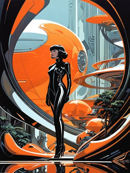 by Syd Mead and Hariton Pushwagner, (biomorphic forms, masterful, beautiful:1.4), poster art, bold lines, hyper detailed, expressive, award winning, (movie still:1.4), (intricate details, masterpiece, best quality:1.4), looking at viewer, dynamic pose, wide angle view,