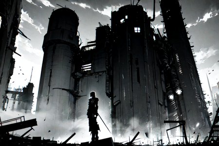highly insanely detailed, masterpiece, top quality, best quality, highres, 4k, 8k, RAW photo, (very aesthetic, beautiful and aesthetic),  
tsutomu nihei,nihei_tsutomu,blame!,blame gakuen!,abara,TNstyle,sidonia_no_kishi,(megastructure in background,sidonia \(ship\),mausoleum,lab,deep horizon,giant room,hangar,city ruins,stairs),dark sky,black sky,machinery,bridge,fence,light particles,gauna,gauna mech,cables,tubes,industrial pipes,buildings,lantern,foggy,mist,smoke,fog,concrete walls,metal walls,dome,air conditioner,drainpipe,blm,science fiction,open space,dystopia,destroyed,no human,flock,vast scenery,perspective,empty, 
<lora:ABARA:0.6>, 
(1girl:1.3), 
solo focus, 
underground facility,pinstripe background,âââ