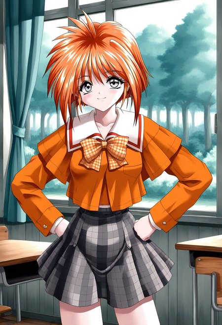 general,highres, ultra-detailed,very aesthetic,best quality ,best hands, BREAK <lora:Kawahara_Ayano_Akumu_AoiKajitsunoSange_IS:1>
Kawahara_Ayano, 1girl, solo, short hair, orange hair, small breasts, gray eyes, bangs, 
smile,
orange school uniform, plaid skirt,  white and black skirt, 
ribbon,  hands on own hip,,  
braid, plaid bow, forest,  long sleeves, 
class room, curtain,