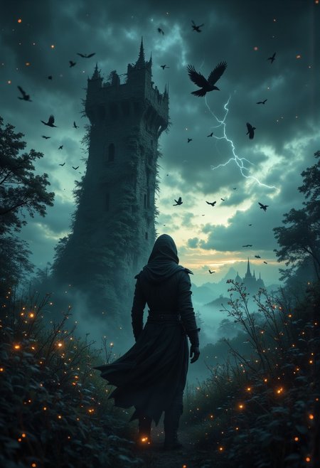 Bring to life an evocative dark fantasy illustration that immerses the viewer in an atmosphere of haunting wonder. Picture a desolate moor at twilight, where the air is thick with an otherworldly fog, softly illuminated by the eerie glow of ghostly will-o'-the-wisps. In the foreground, a dilapidated tower stands resolute, ivy-clad and sagging under the weight of time. 
Black crows circle ominously above, their cries piercing the deep stillness. Silhouetted against the landscape, a solitary figure clad in a hooded cloak gazes toward the horizon, where a tempest rages, casting flashes of silver light across the scene. The color palette should feature somber blues, muted blacks, and sparks of haunting greens and yellows, imbuing the illustration with a sense of both despair and mystery. This scene should evoke emotions of curiosity, fear, and intrigue, inviting viewers to contemplate the secrets hidden within the shadows.aidmaimageupgrader,Midjourney_Whisper,aidmaMJ6.1