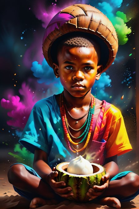 Psychedelic style A prize-winning photograph capturing the essence of a young African boy, holding a coconut shell as he collects rainwater drops. The boy's direct gaze and close-up perspective reveal his determination and resourcefulness in harnessing nature's gift. (Resilient Spirit:1.3), (Rainwater Collection:1.2), (Candid Encounter:1.4), (Close-Up Connection:1.2), photography inspired by Steve McCurry and Jimmy Nelson., (masterpiece, best quality:1.5), (masterpiece,best quality:1.5),  Mystical,  Robert Motherwell, bokeh,  glowing, style of chalkdust,  <lora:ChalkDustStyleSDXL:1.2>, (masterpiece,best quality:1.5) . Vibrant colors, swirling patterns, abstract forms, surreal, trippy