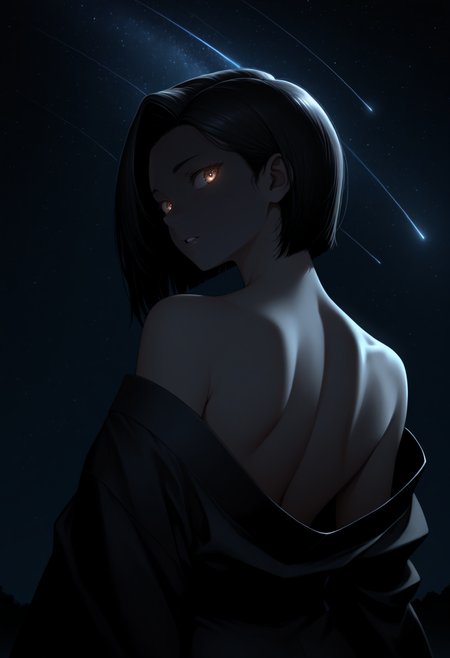 masterpiece, best quality, 1girl, solo, brown eyes, black hair, short hair, asymmetrical bangs, from behind, black kimono, off shoulder, shoulder blades, looking back, parted lips, night, dark theme, high contrast, glowing eyes, starry sky, shooting star, <lora:ChamYamadaSanaeNoob:1>