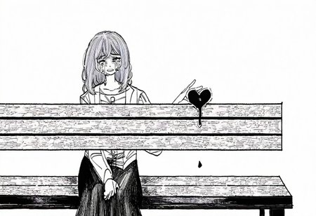 1 woman, 1 woman, sitting on a bench, separated, looking away from each other, hand passing a heart, heart in the middle, tears