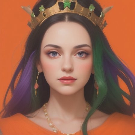 Portrait of a beautiful Queen.
Orange, red, green,  purple colors only.