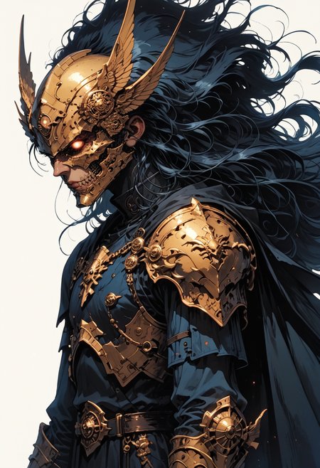 score_9, score_8_up, score_7_up, 1boy, very long hair, mask, black hair, mask, side view, hair ornament, simple background, white background, holding staff, cowboy shot, black cape, floating hair, spot color, armor, helmet, shoulder armor, all black attire, glistening,  gauntlets, pauldrons, breastplate, full armor, ambiguous gender, flat, retro, dated, f3nn3r, dark theme, gloomy, <lora:sdxl_lightning_8step_lora:1> <lora:Art_Adams_Style_Pony_XL:0.4> <lora:Dark_Anime:0.2> <lora:glowneon_xl_v1:0.4> <lora:nostalgia-000011:0.4>   <lora:Sinozick2:0.4>   <lora:f3nn3rXLP:0.5>  <lora:GRIM_v1:0.2>