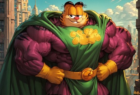 score_7, score_8, score_9, dynamic lighting, detailed background, detailed face, detailed character, background is city, city skyline, rooftop, clouds,
BREAK
single character, ((Solo)), anthro, furry male, (Garfield), orange fur, black stripes, pink animal nose, black eyes, black ear tips, black whiskers, narrow waist, wide hips, massive pecs, toned body, fit body, extremely muscular, big muscles, (huge muscles), big biceps, huge biceps, hyper muscles, extreme muscles, hyper biceps, extreme biceps
BREAK 
standing, looking at viewer, smiling, hands on hips, ((green and purple body suit)), green cape, yellow belt, yellow gloves, cat paw logo on chest