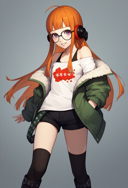score_9, score_8_up, score_7_up, source_anime BREAK 1girl, solo, standing, <lora:zs_FutabaXL:1>  futabadef, orange hair, long hair, blunt bangs, glasses, ahoge, purple eyes, behind-the-head headphones, white shirt, green fur-trimmed jacket, off shoulder jacket, black shorts, black thighhighs, black knee boots, looking at viewer, smile, parted lips,