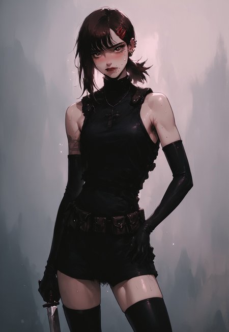 safe_pos, safe_pos, score_9, score_8_up, score_7_up, source_anime, kobenidef, mole under eye, mole under mouth, single sidelock, short ponytail, hairclip, brown hair, brown eyes,  shoulder holster, utility belt, wearing_nbu, black gloves, elbow gloves, black thighhighs, holding combat knife, 1girl,  piercings,  toned, excessive pubic hair,  hairy stomach, hairy armpits, happy trail, slender, thin, skinny, embarrassed, blushing, sexy posing, sweating, <lora:KLK_NudistBeach-IL:0.8>