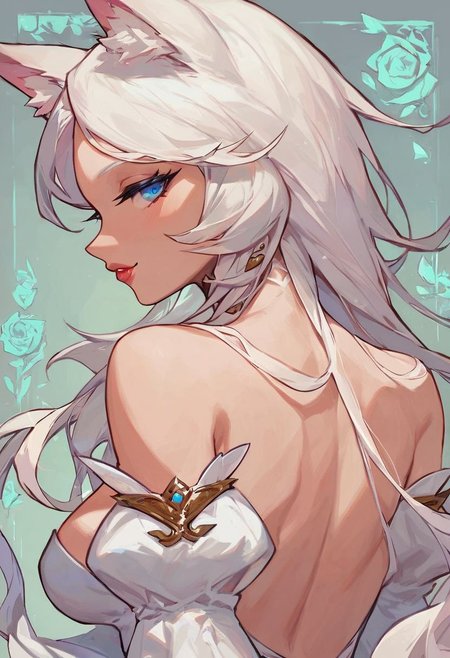 score_9, score_8_up, score_8, medium breasts,  (curvy),  wolf ears, white hair, blue eyes, pale white girl, bouncy white hair,  she is dressed in a long white dress adorned with intricate lace patterns that cascade down her body, the dress contrasts beautifully with the muted colors of the room, drawing attention to her figure. bedroom eyes, looking at viewer, heart shaped lips,  upper body, portrait, bare shoulder, back to viewer, turning,