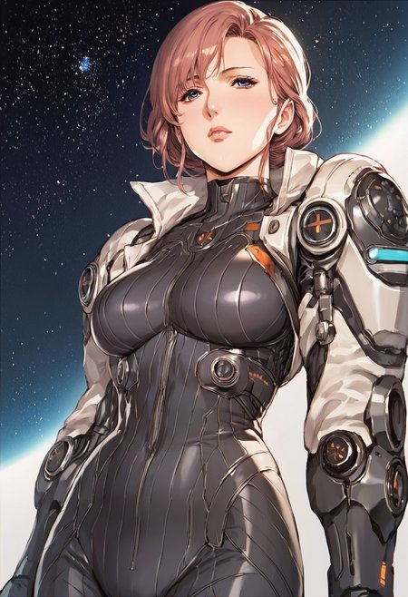 score_9, score_8_up, score_7_up, score_6_up, source_anime, 1girl, beautiful eyes, mature female, science fiction pilot, black pilot suit, tight bodysuit, science fiction, 1980s \(style\), starry sky,  uru5h1h4r4