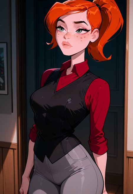 ((screencap, cartoon)) , masterpiece, best quality, amazing quality, very aesthetic, absurdres, newest,
ovgwen,  orange hair, 1girl,  freckles,, lips
ponytail, red shirt, red collar, black vest, long sleeves, grey pants 
posing