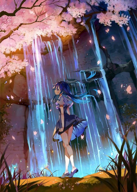 by umaiyo puyoman ,  by yogisya
  1girl  
extremely beautiful detailed piercing eyes,
a girl immersed in a magical garden at twilight. She stands beside a luminous waterfall, cherry blossoms gently falling around her. The soft glow of fireflies and the distant twinkle of stars add an enchanting ambiance to this serene and otherworldly scene
 masterpiece, best quality, high quality, highres, absurdres, very detailed, high resolution, sharp, sharp image, 8k, vivid, colorful, stunning, anime