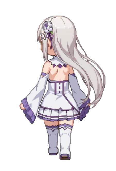 score_9, score_8_up, score_7_up, source_anime,
BREAK
<lora:shiSpriteV3:1.0>, backwalkright, chibi, full body, from behind, standing, 
simple background, white background, 
1girl, solo, anime screencap, anime coloring,
<lora:shiEmiliaV2:1> shimilia, long hair, grey hair,
pointy ears, hair flower, purple ribbon, x hair ornament, 
white dress, bare shoulders, wide sleeves, white thighhighs, thigh boots,