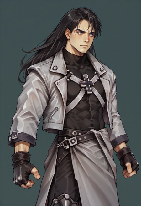 score_9, score_8_up, score_7_up, hugbaldw, cutoff jacket, body harness with holy cross design, long black hair, charcoal greaves, gray skirt, black shirt, black pants, black fingerless gloves,
