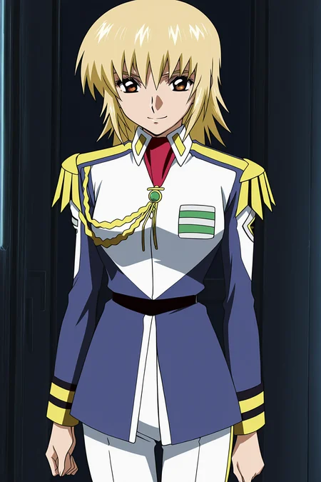 anime screencap, anime coloring, detailed face, masterpiece, best quality, very aesthetic, absurdres, volumetric lighting, official style, amazing quality, ultra detailed,  highres, amazing quality, scenery, beautiful detailed hair, beautiful detailed eyes, defined fingers, five fingers,
 <lora:StS-Illustrious-Detail-Slider-v1.0:4>
 <lora:Cagalli_Yula_Athha_Mobile_Suit_Gundam_SEED:1>
Cagalli Yula Athha (character), 1girl, solo, blonde hair, uniform, long sleeves, aiguillette, pants, military uniform, white pants, military, brown eyes, smile, cowboy shot, smile