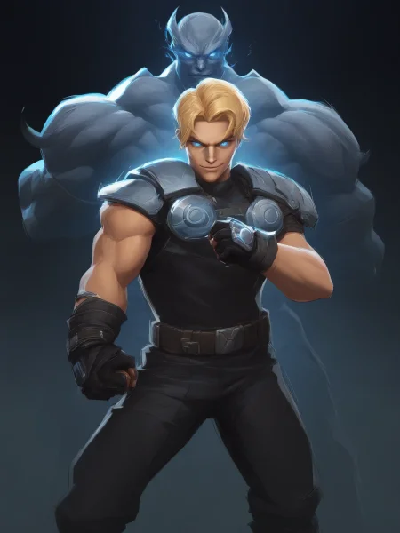 1girl, standing, looking at viewer, masterpiece, best quality, high score, 
 <lora:Marvel_Rivals_Concept_Art_Style:1>,1boy, male focus, holding weapon, muscular male, glowing eyes, fingerless gloves, closed mouth, smile, black gloves, belt, jewelry, blue eyes, shoulder armor, clenched hand, manly