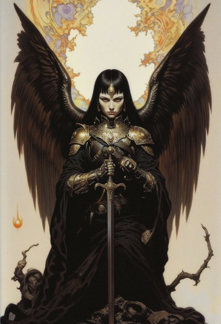 This is a highly detailed digital artwork in a fantasy style, featuring a striking female figure radiating an ethereal, otherworldly presence. She wears a flowing, black medieval robe adorned with intricate golden attachments, each crafted with delicate, ornate patterns reminiscent of regal craftsmanship. The golden shoulder plates curve gracefully over her form, while a waist chain with elegant filigree accents cinches the robe, and a breastplate with mesmerizing, intricate designs enhances her majestic aura. The robe is modest yet imposing, concealing her figure while exuding an air of authority and dignity. Her long, straight black hair cascades over her shoulders, framing her pale, flawless skin and drawing attention to her piercing, confident gaze. In her right hand, she wields a large, ornate sword with a dark, near-black blade etched with golden patterns, its hilt wrapped in shimmering golden cords. Large black feathered wings extend majestically from her back, adding to her angelic yet fearsome presence. The background is a celestial blend of white and gold, filled with abstract, swirling patterns that echo the intricate details of her armor, creating a harmonious yet dramatic atmosphere. HD, ultra-detailed, 8K quality, masterpiece artwork.