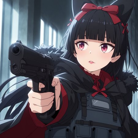 masterpiece, best quality, amazing quality, very aesthetic, high resolution, ultra-detailed, absurdres, newest, official wallpaper, 1girl, <lora:GATE_RoryMercury_IlluXL:1> hime cut, long hair, blunt bangs, black hair, multicolored eyes, lips, hair bow, looking afar, <lora:TactFit [NOOBAI]:0.8> tactfit, black bulletproof vest, black hooded cloak, hood down, fur trim, handgun, BREAK, foreshortening, extremely detailed clothes, detailed eyes, detailed skin, detailed hair, masterpiece, best quality, amazing quality, very aesthetic, high resolution, ultra-detailed, absurdres, newest, volumetric lighting, official wallpaper