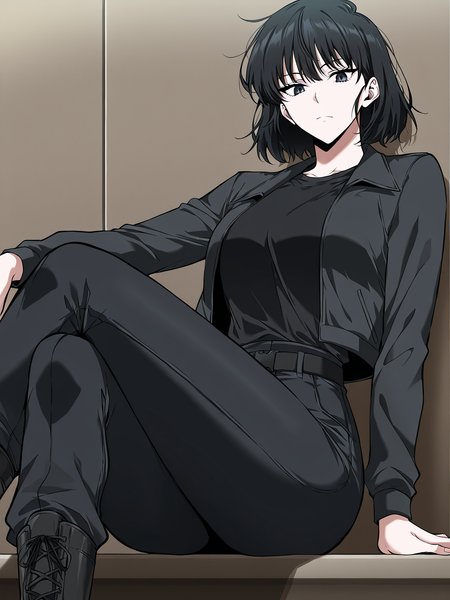 <lora:Omniscient Reader's Viewpoint _ Han Sooyoung_epoch_7:1>
1 girl, solo, short hair, messy hair, black hair, black eyes, 
black jacket, black t-shirt, black skinny pants, black combat boots, all black outfit,
(Anime_source),Masterpiece,(perfect female body:1.2), small waist,(incredibly detailed:1.4), looking at viewer, sitting, crossed legs,
