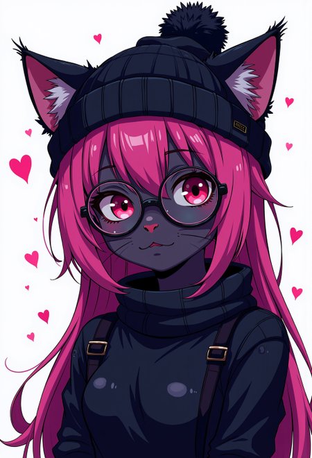 <lora:ck-nc-cyberpunk-V2-000013:1>, A digital artwork in the style of cknc, black cat with pink hair wearing a black beanie and (wearing round glasses:1.2) and wearing a black turtleneck.