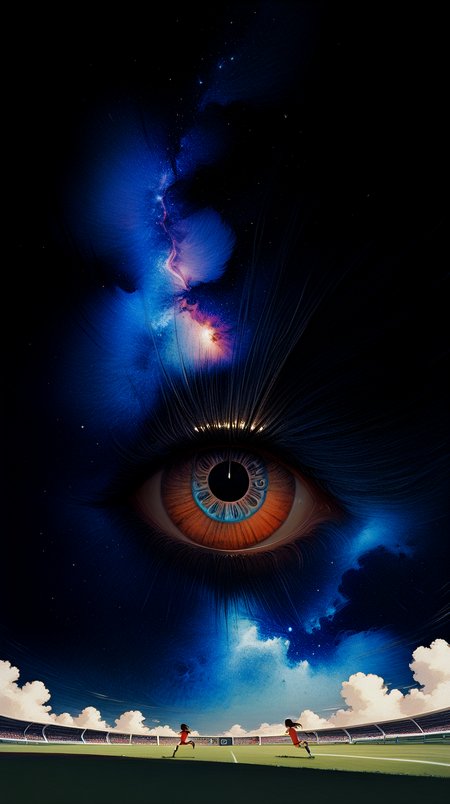 masterpiece, newest,absurdres,incredibly absurdres, best quality, amazing quality, very aesthetic, 
((2girls)), ((running)) soccer field,  speed lines, shouting,artbook, doujin cover, nebula, eye of providence, inset photo,
<lora:ka_marukogedago:1> k4_illu, abstract, traditional media, scan, blending,
