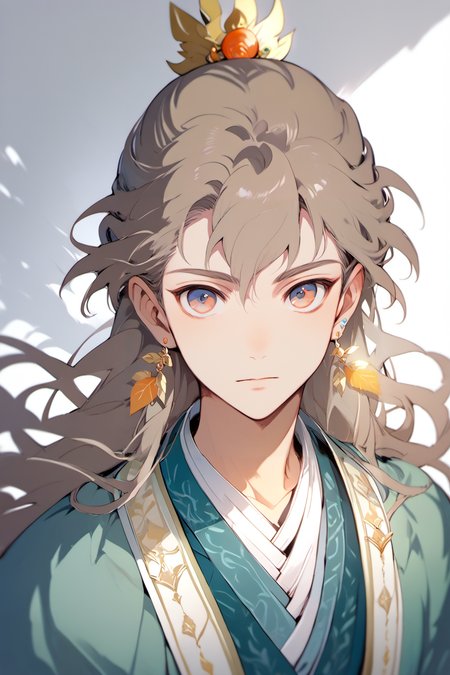 score_9, score_8_up, score_7_up, masterpiece, best quality, 1boy, solo, young boy,   shentafei, light brown hair, two-colored eyes,long hair, jewelry, earnings, looking at viewer, portrait,  <lora:ShenTafeiPonyV3:1>,   <lora:Pony_neon_pop_sketch:0.8> npops, kitsunehanfu
